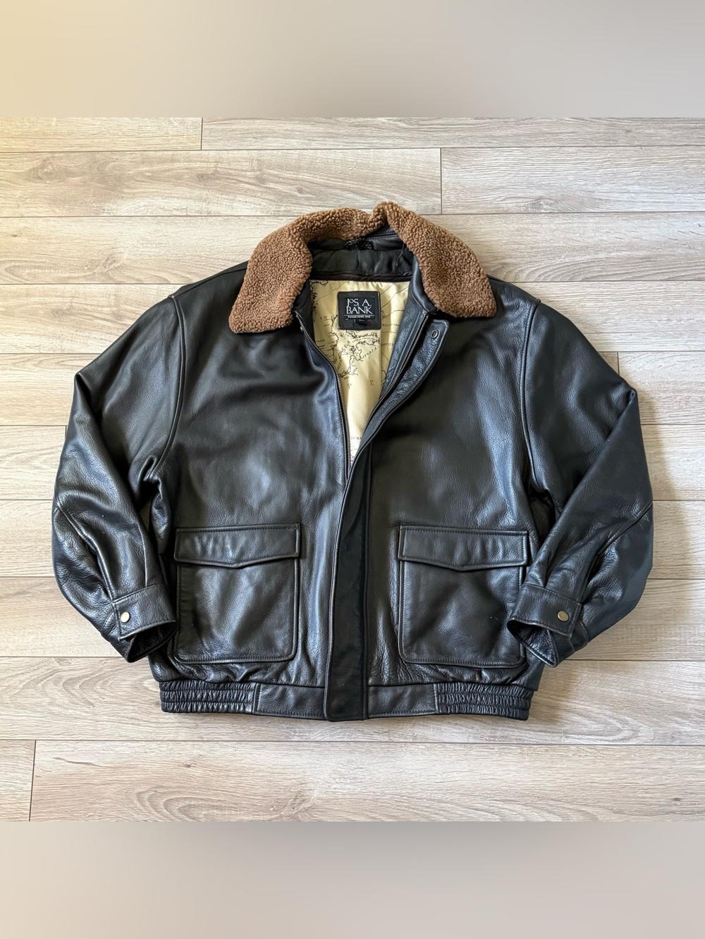 Vintage Jos. A. Bank Genuine Leather Lambs Fur Bomber Jacket Sz Large